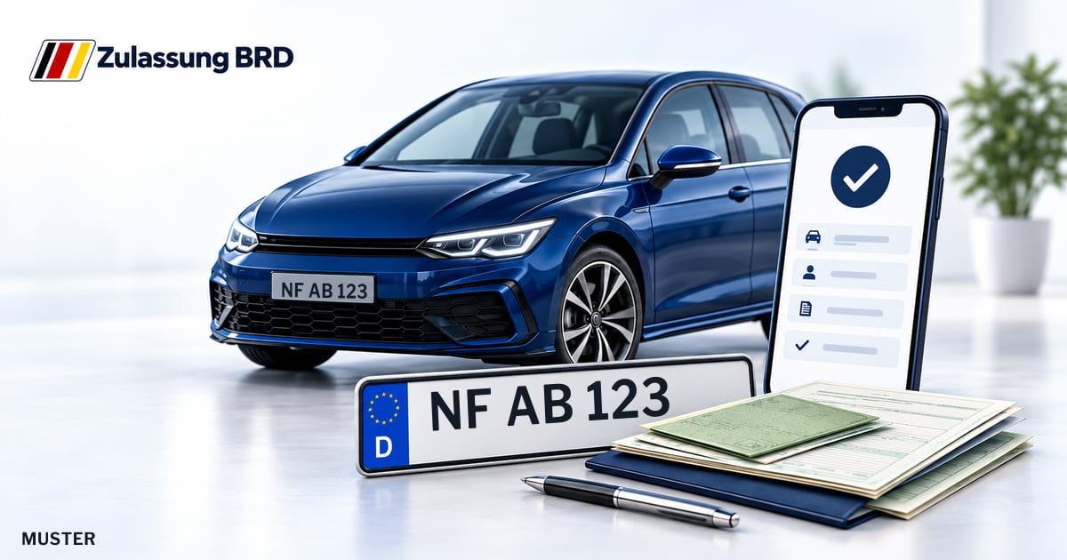 Online Fahrzeugzulassung in Sylt: Musterkennzeichen NF AB 123, Auto und Fahrzeugpapiere und Smartphone. Illustration mit Logo von Zulassung BRD.